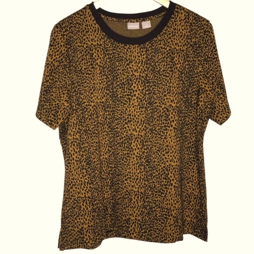 Chico’s Black Tan Animal Print Short Sleeve Sweater Size 3 XL Stretchy
